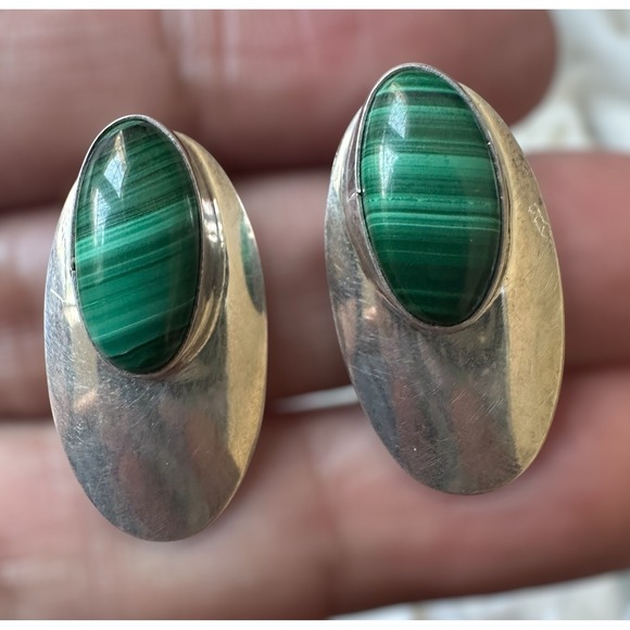 Navajo Anita Whitegoat Post Earrings 1" Green Banded Malachite 925 Sterling 5.1g - Picture 1 of 9